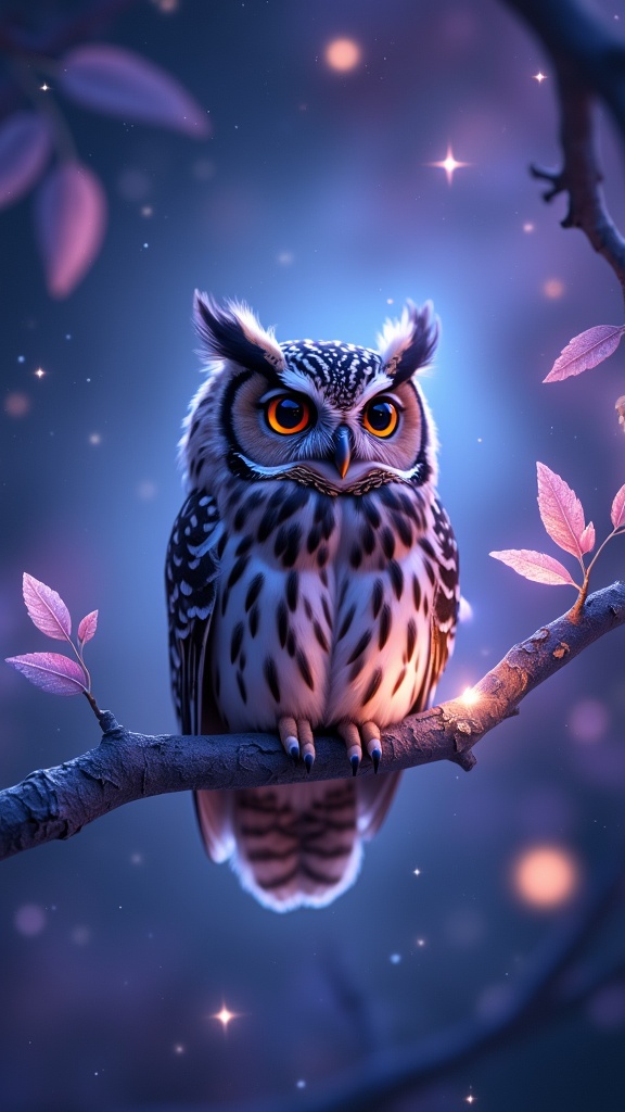 Crystal owl perched on a crystal branch with floating stars