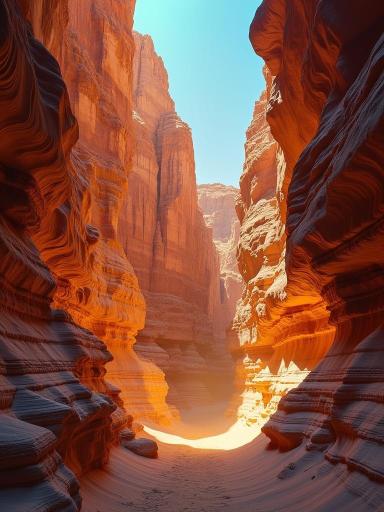 Dramatic canyon with layers of sandstone and glowing sunlight