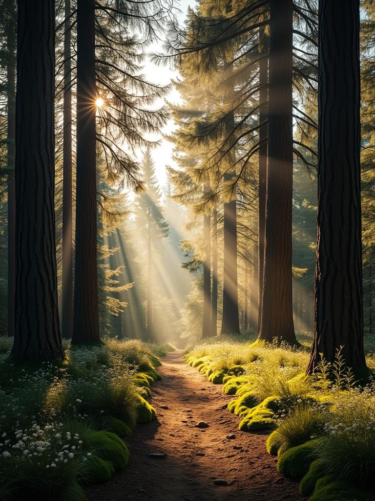 Narrow forest path surrounded by tall pine trees and filtered sunlight