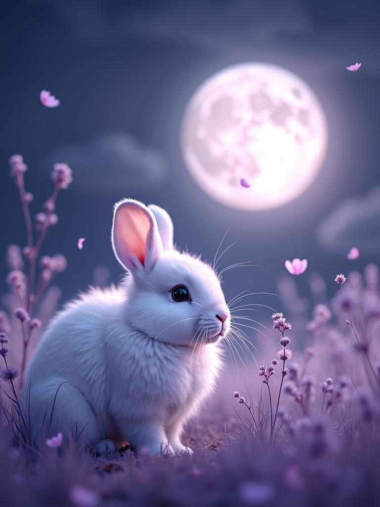 Fluffy white rabbit sitting in tall grass under the full moon
