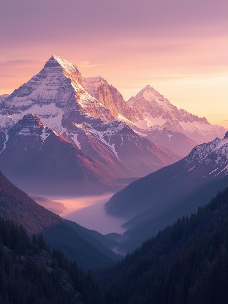 Breathtaking mountain landscape at sunrise with snow-capped peaks
