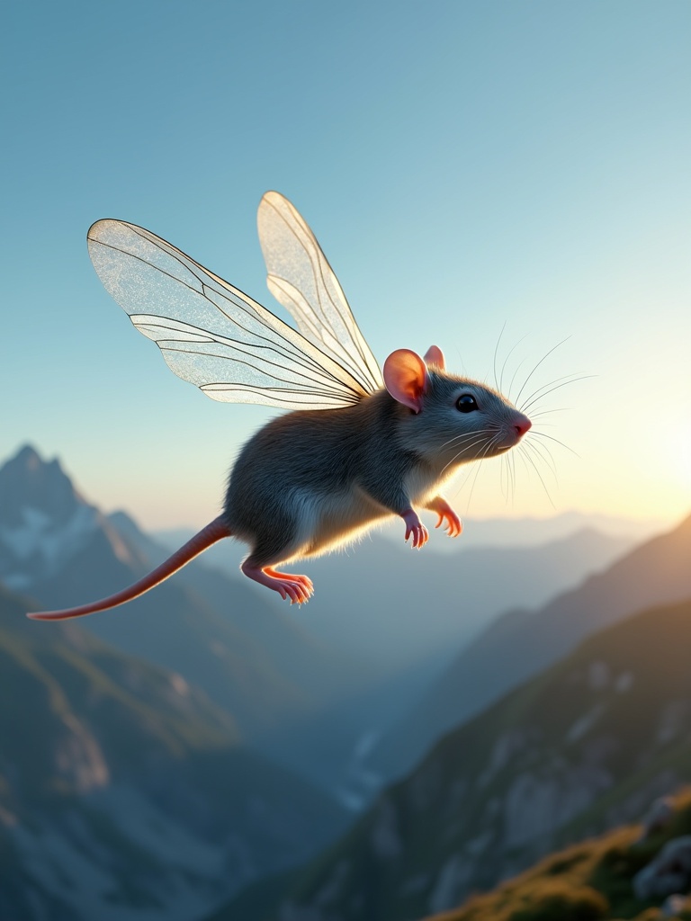 Winged mouse flying over mountain peaks